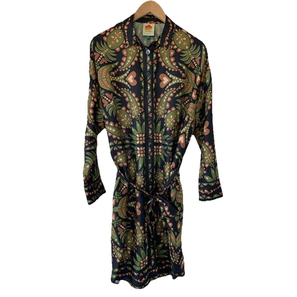 Farm Rio Martina Scarf Chemise Shirt Dress Size Small Relaxed Fit Long Sleeve
